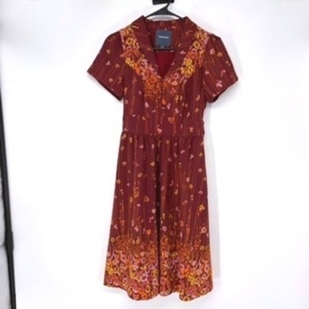 ModCloth Dress Womens S Burgundy‎ Floral Stripe Retro Flare Short Sleeve Pocket